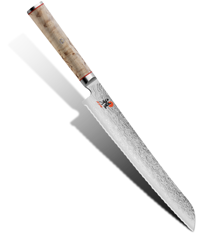 Damasceński nóż do pieczywa Miyabi, 23 cm, z ozdobnym wzorem na ostrzu.