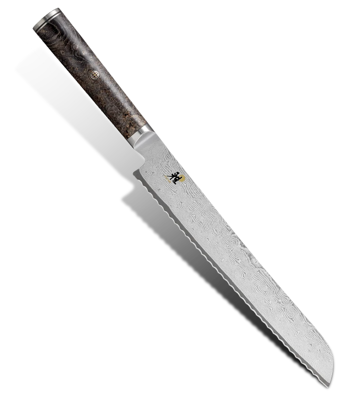 Japoński nóż do pieczywa z damasceńskiej stali 132-warstwowej, 24 cm, z drewnianą rękojeścią.