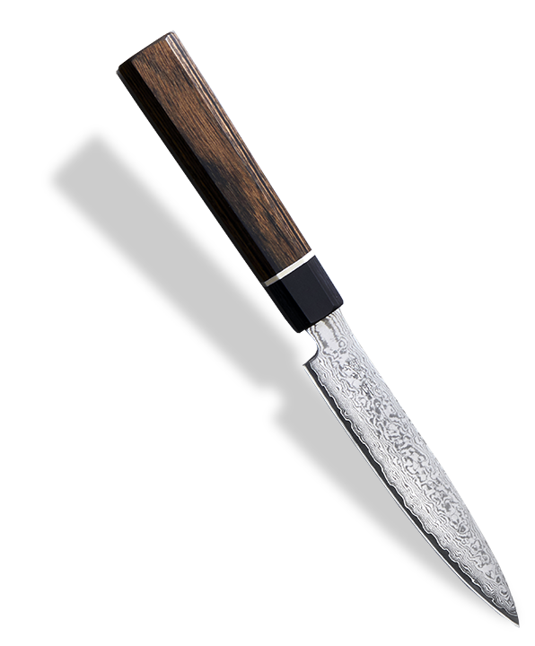 Czerniony japoński nóż uniwersalny, 33-warstwowy, z drewnianą rękojeścią, 12 cm.