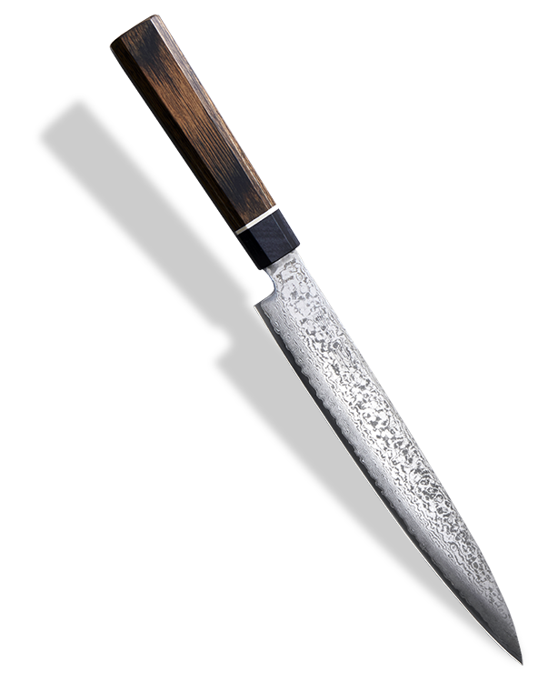 Elegancki nóż do sushi Senzo Black z 33-warstwowej stali, długość ostrza 21 cm.