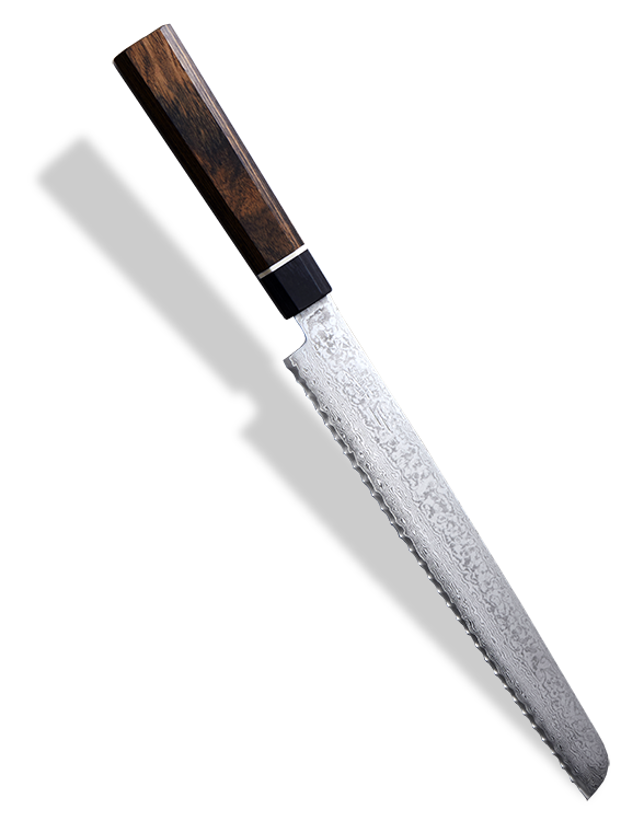 Japoński nóż do pieczywa Senzo Black z 33-warstwowej stali, 22 cm, eleganckie czernione wykończenie.