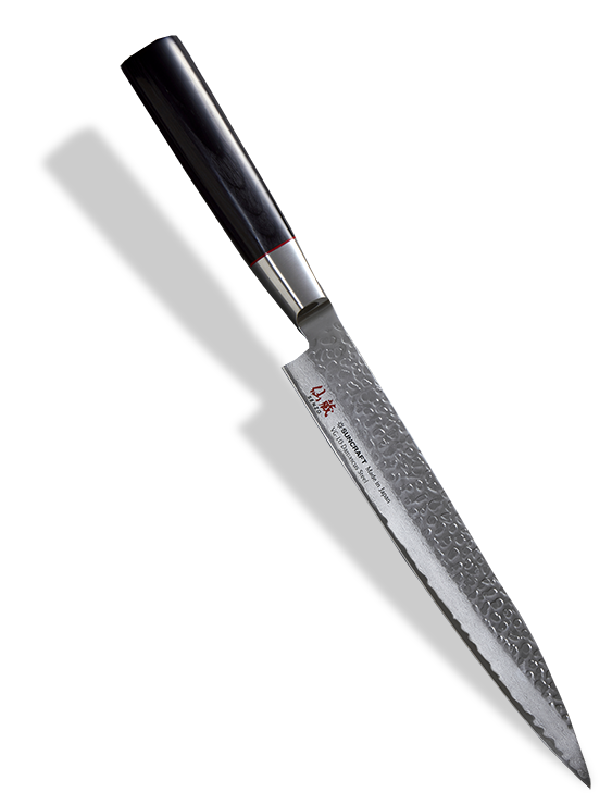 Japoński nóż Senzo Classic do sushi z młotkowaną, 33-warstwową klingą, 21 cm, elegancki design.