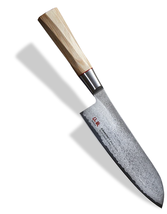 Japoński nóż Santoku z 33-warstwowej stali, drewniana rękojeść, długość ostrza 16,7 cm.