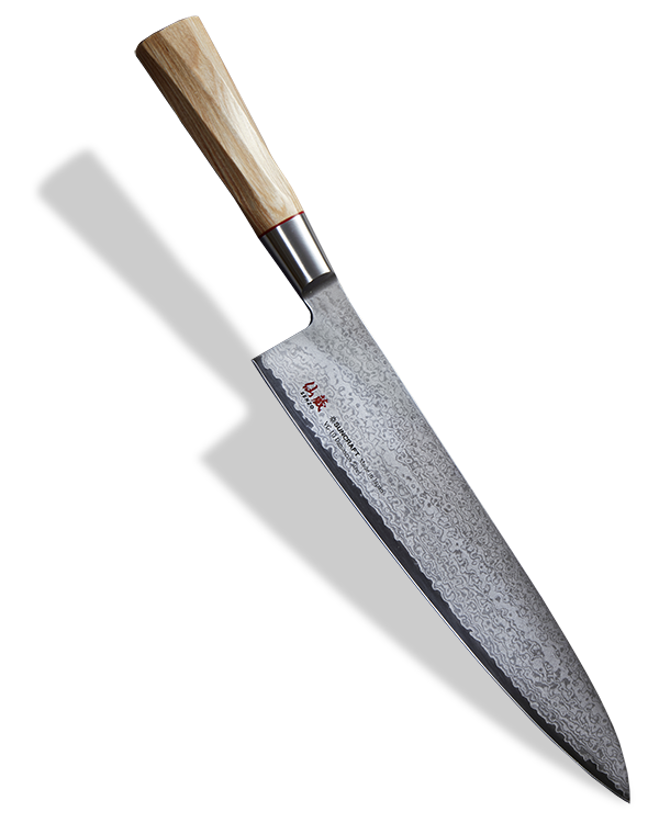 Japoński nóż kuchenny Gyutoh z 33-warstwowej stali, model Senzo Twisted Octagon, długość 24 cm.