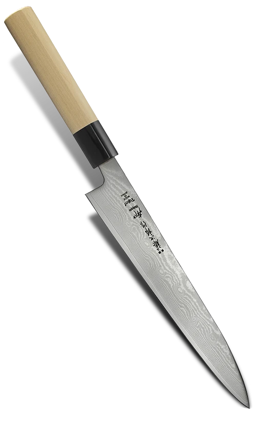 Japoński nóż Yanagi Tojiro z 63-warstwowej stali, 21 cm, z drewnianą rękojeścią.