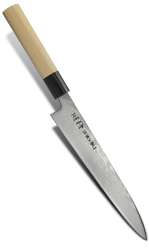 Japoński nóż Yanagi Tojiro z 63-warstwowej stali, 21 cm, z drewnianą rękojeścią.