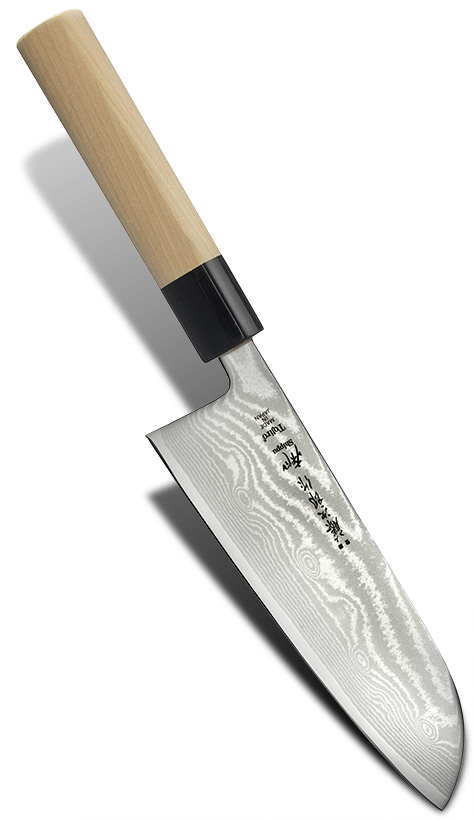 Japoński nóż Santoku Tojiro z 63-warstwowej stali, drewniana rękojeść, ostrze 16,5 cm.