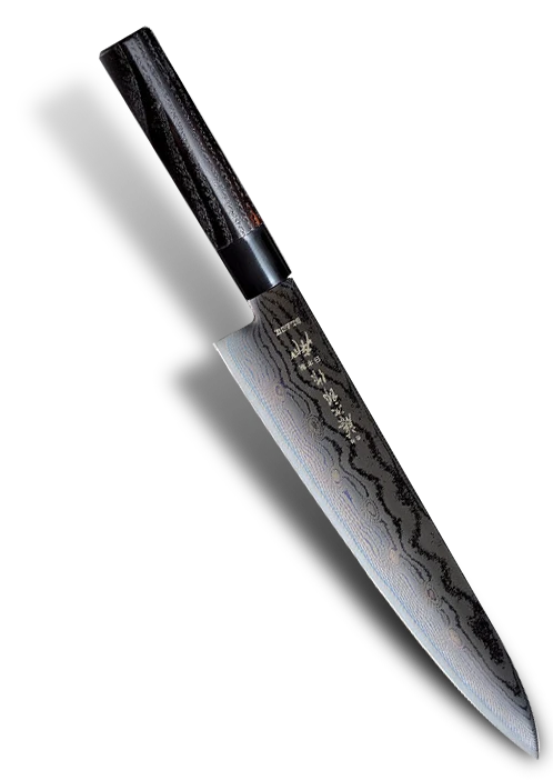 Japoński nóż kucharza Gyuto, 63-warstwowy, 18 cm, czerniony, Tojiro Shippu Black.