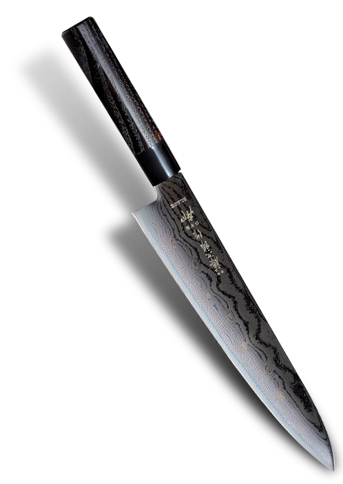 Japoński nóż kuchenny Gyuto 21 cm, czerniony, 63-warstwowy, marki Tojiro, model Shippu Black.