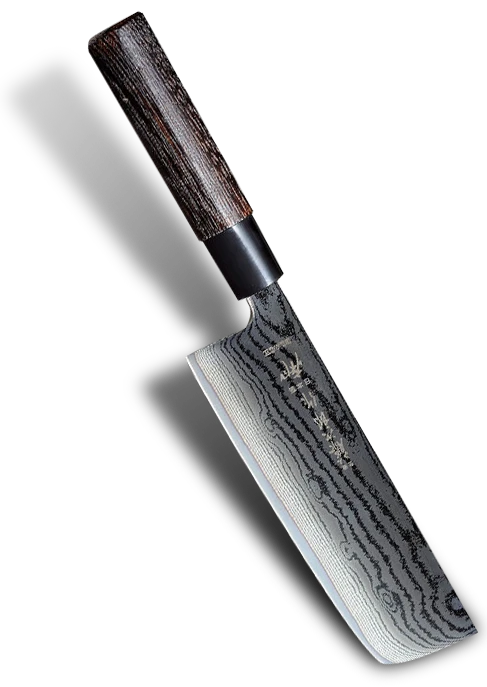 Japoński nóż Nakiri Tojiro z czernioną, 63-warstwową klingą, 16,5 cm, na czarnym tle.
