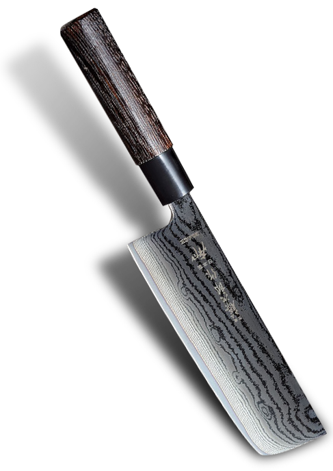 Japoński nóż Nakiri Tojiro z czernioną, 63-warstwową klingą, 16,5 cm, na czarnym tle.