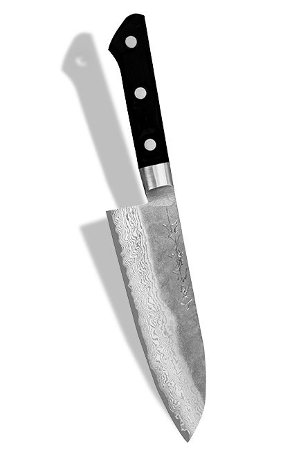 Japoński nóż Santoku 17 cm, 63-warstwowy, z czarną rękojeścią, mistrzowsko wykonany przez Tomoo Matsumurę.