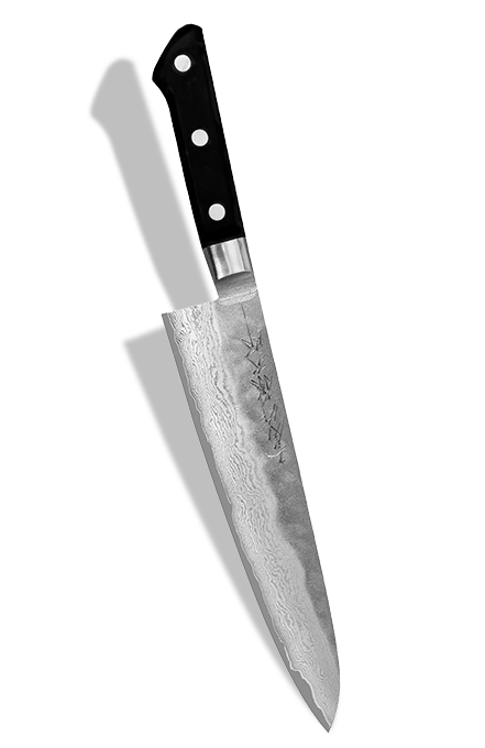 Japoński nóż kuchenny Gyutoh, 21 cm, z 63-warstwową klingą, rękojeść czarna, mistrzowskie wykonanie.