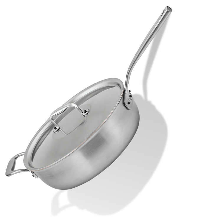 Elegancka stalowa patelnia sauté z pokrywką, miedziany rdzeń, 28 cm, idealna do gotowania.