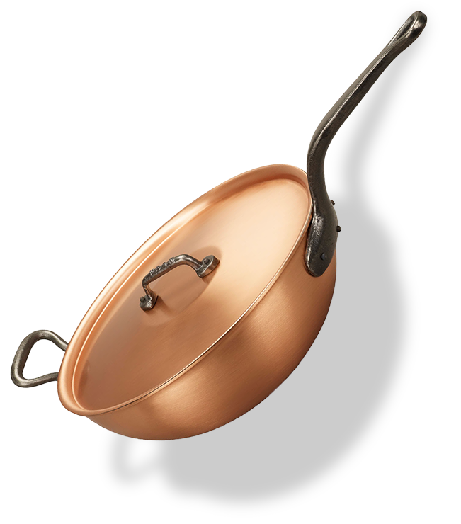 Miedziany wok na indukcję z pokrywką i żeliwnymi uchwytami, Ø 28 cm, marki Falk