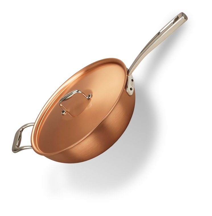 Miedziany wok na indukcję z pokrywką i stalowymi uchwytami, średnica 28 cm.