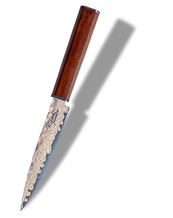 Japoński nóż damasceński Ryoma Rainbow z drewnianą rękojeścią, 67 warstw, 12,5 cm.