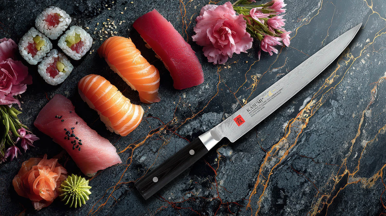 Japoński nóż Sujihiki z damasceńską stalą na tle sushi i kwiatów.