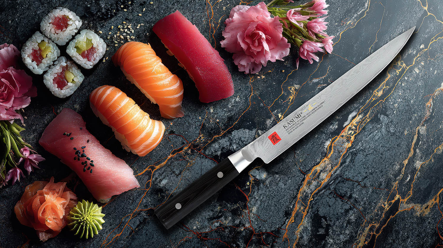 Japoński nóż Sujihiki z damasceńską stalą na tle sushi i kwiatów.
