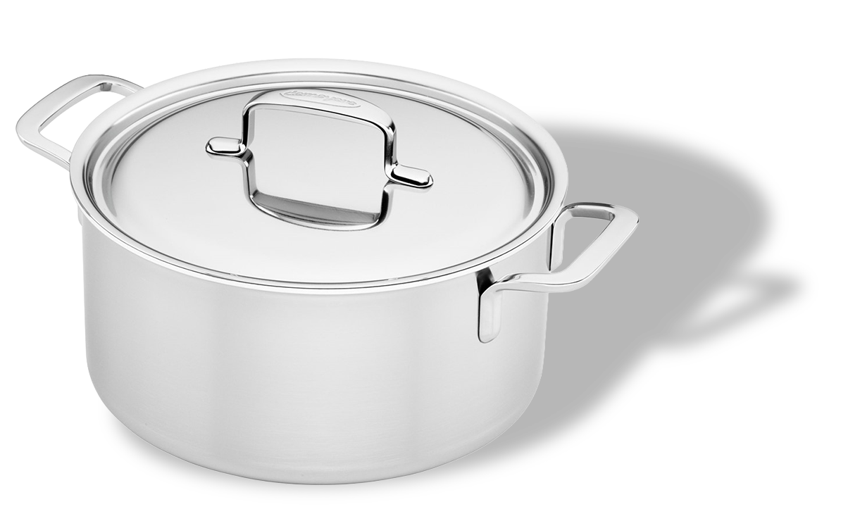 Stalowy garnek 2,2L Demeyere z technologią 5-Ply, elegancki design, prestiżowa kuchnia.