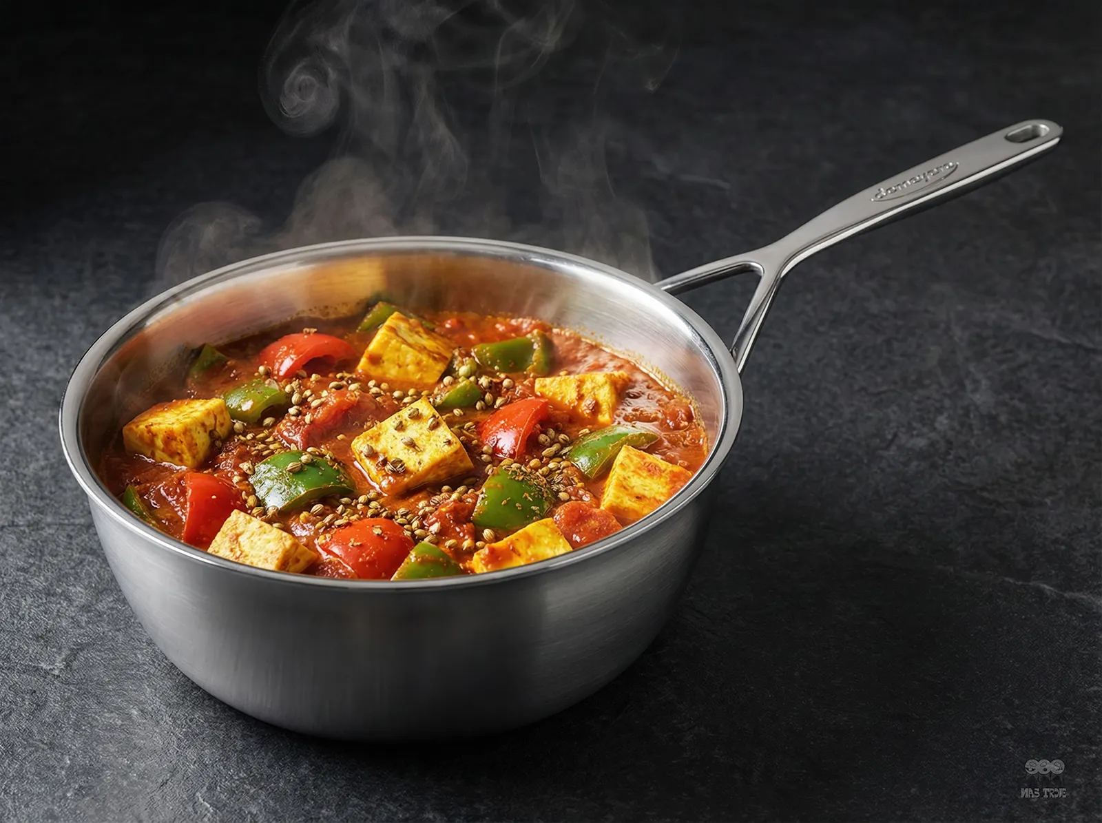 Stalowa patelnia sauté Demeyere z warzywami i tofu, technologia 5-Ply, średnica 24 cm.