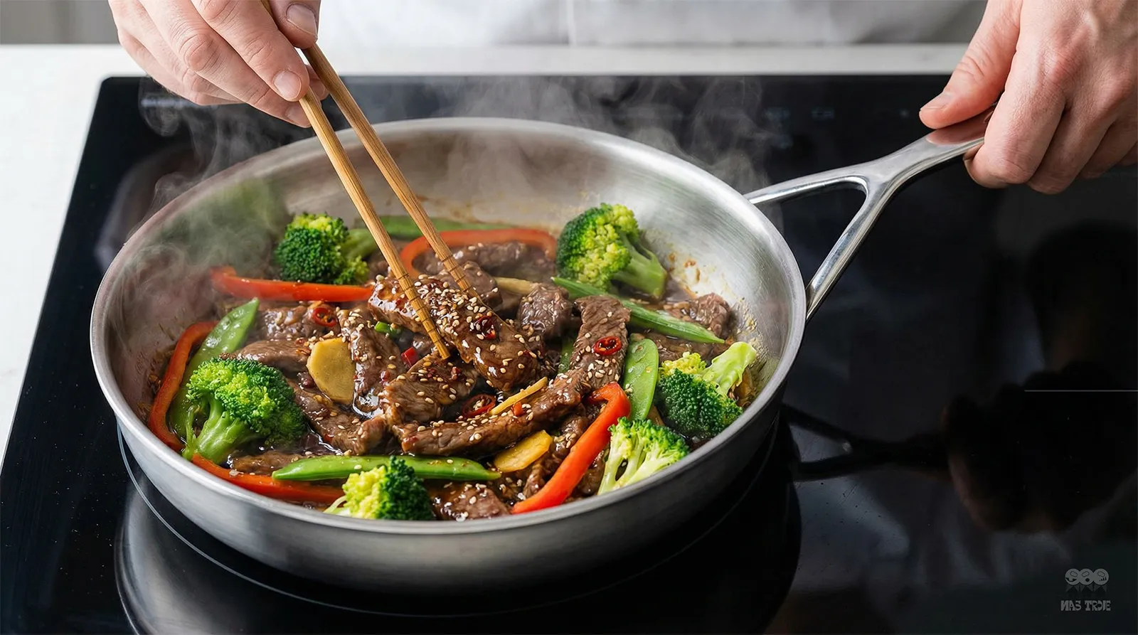 Stalowa patelnia Demeyere 5-Ply z daniem stir-fry, warzywa i wołowina na kuchence indukcyjnej.