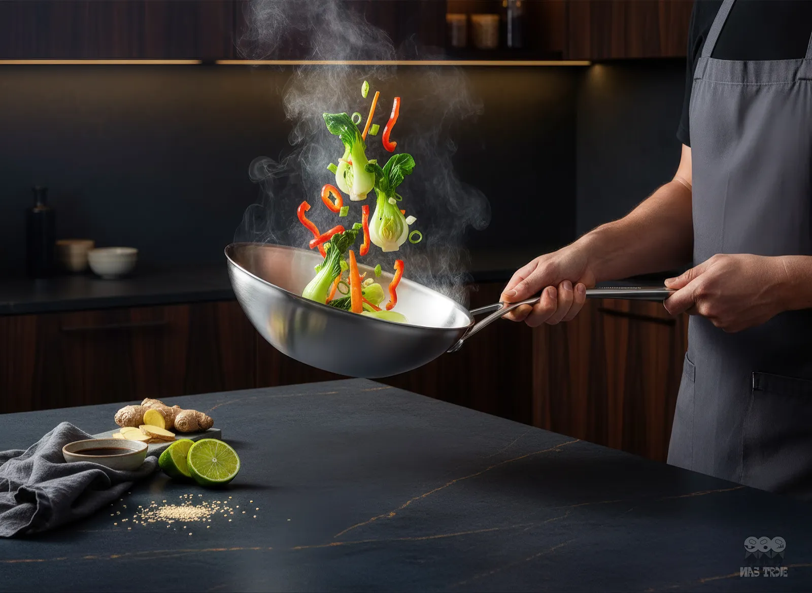 Stalowy wok Demeyere z warzywami w locie, technologia 5-Ply, kuchnia nowoczesna.