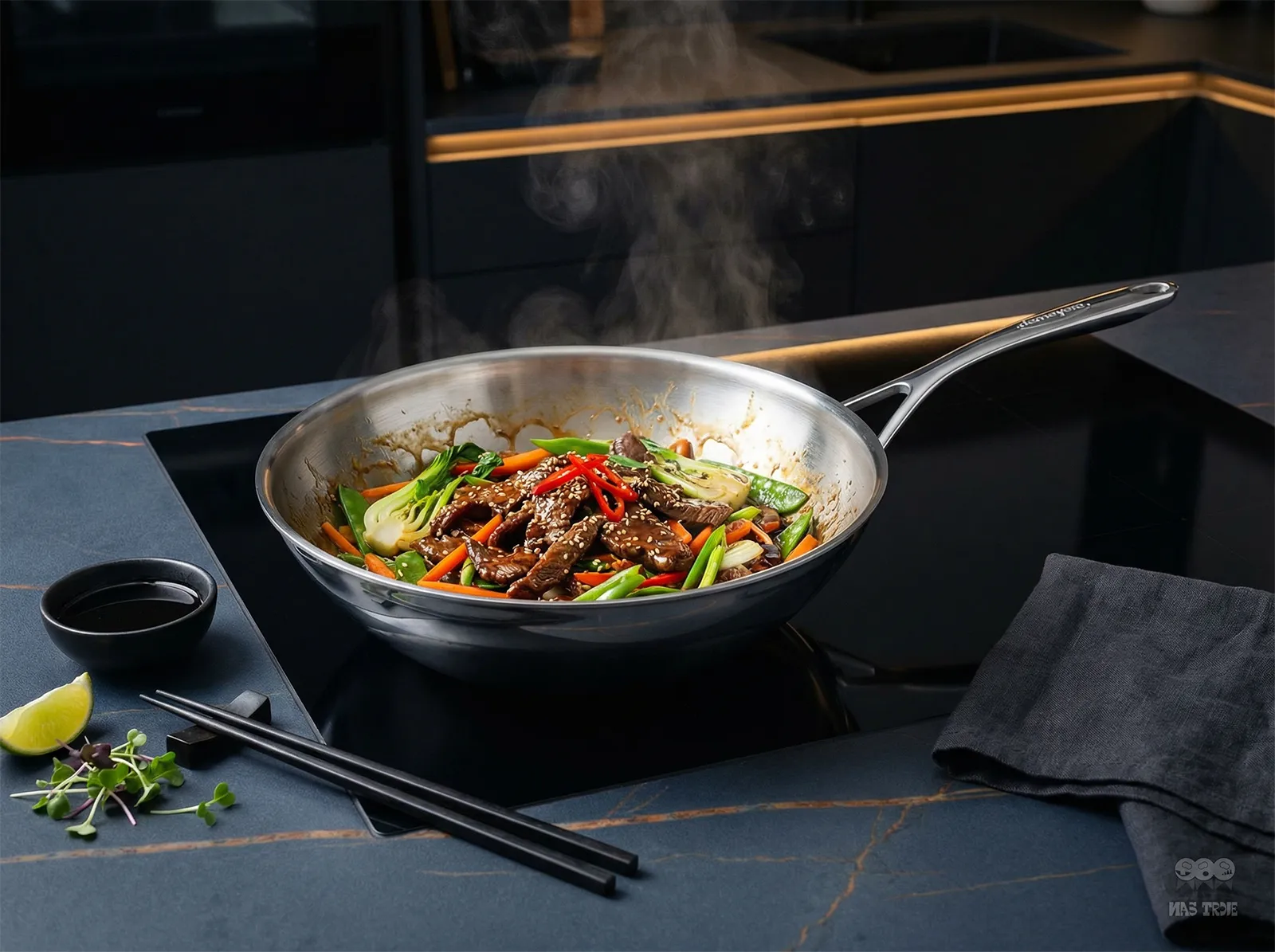 Wok stalowy Demeyere z potrawą stir-fry na nowoczesnej kuchence indukcyjnej.