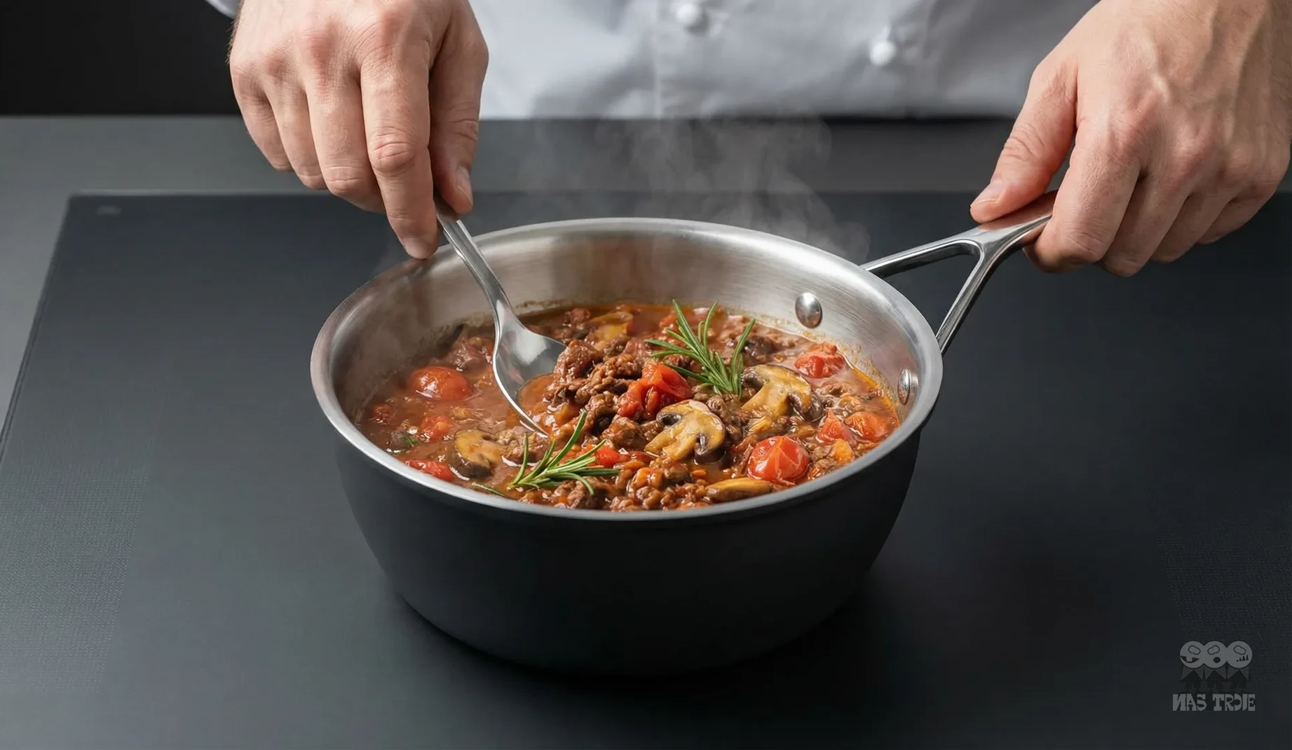Stalowo-ceramiczna patelnia sauté z potrawą, uchwycona w trakcie gotowania przez kucharza.