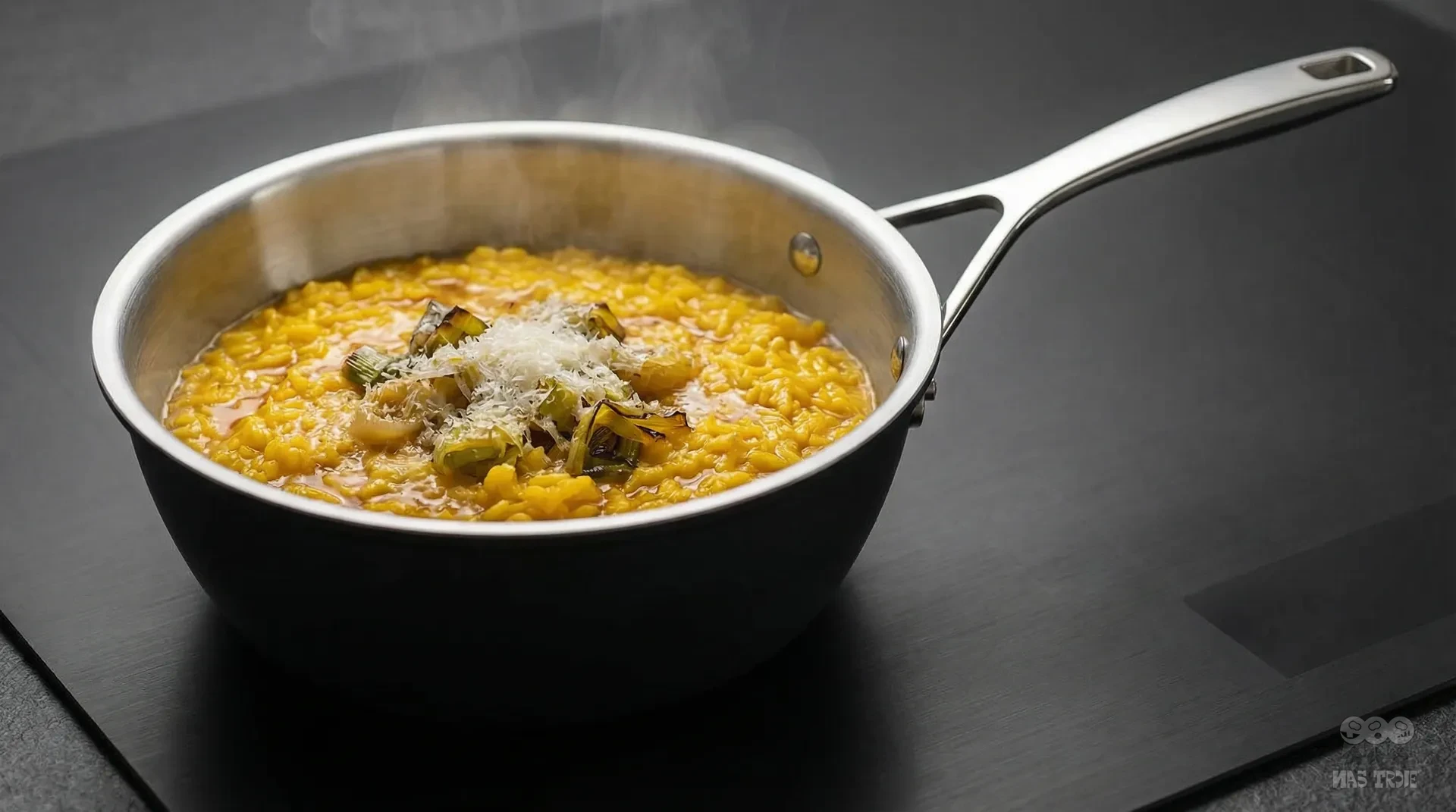Patelnia sauté Demeyere 20 cm z risotto i parmezanem, stalowo-ceramiczna technologia 5-Ply.