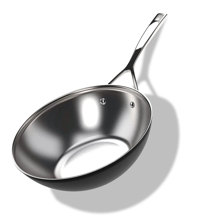 Stalowo-ceramiczny wok Demeyere 30 cm z technologią 5-Ply na białym tle.