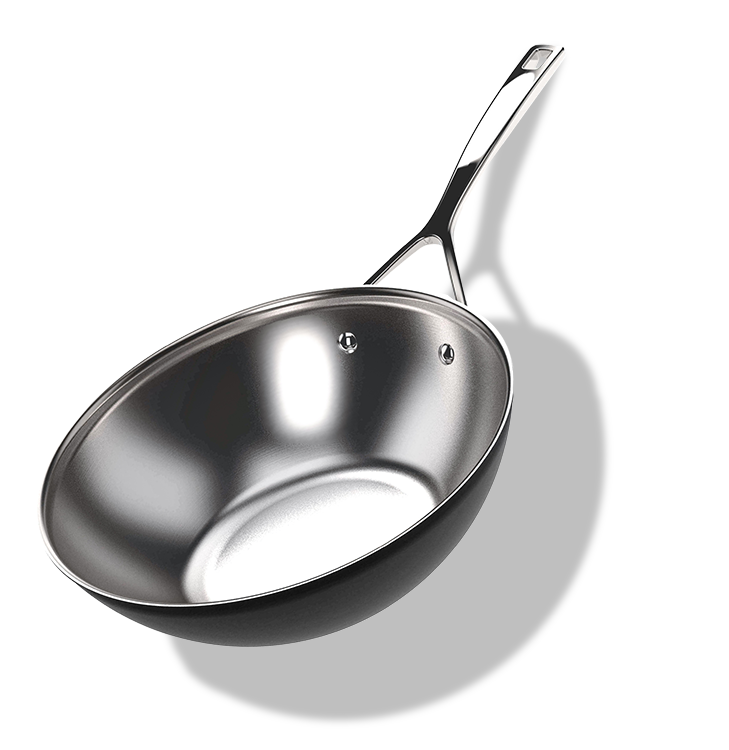 Stalowo-ceramiczny wok Demeyere 30 cm z technologią 5-Ply na białym tle.