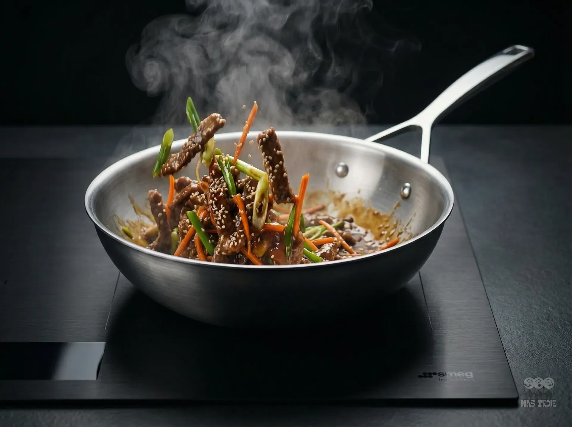 Stalowo-ceramiczny wok Demeyere z technologią 5-Ply, gotujące się danie z warzywami i mięsem.