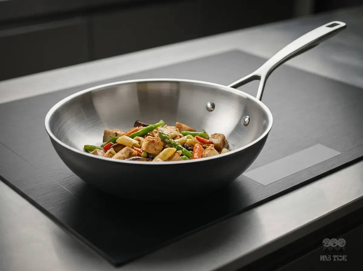 Stalowo-ceramiczny wok Demeyere z warzywami na kuchennym blacie.
