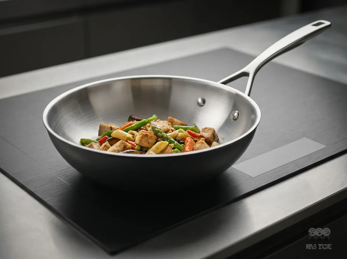 Stalowo-ceramiczny wok Demeyere z warzywami na kuchennym blacie.