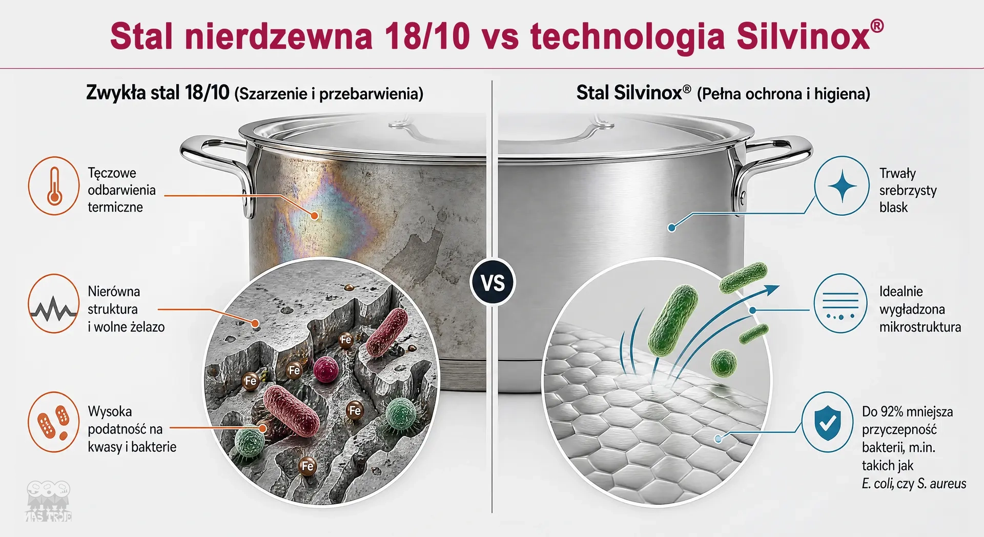 Porównanie zwykłej stali 18/10 z technologią Silvinox w garnkach Demeyere