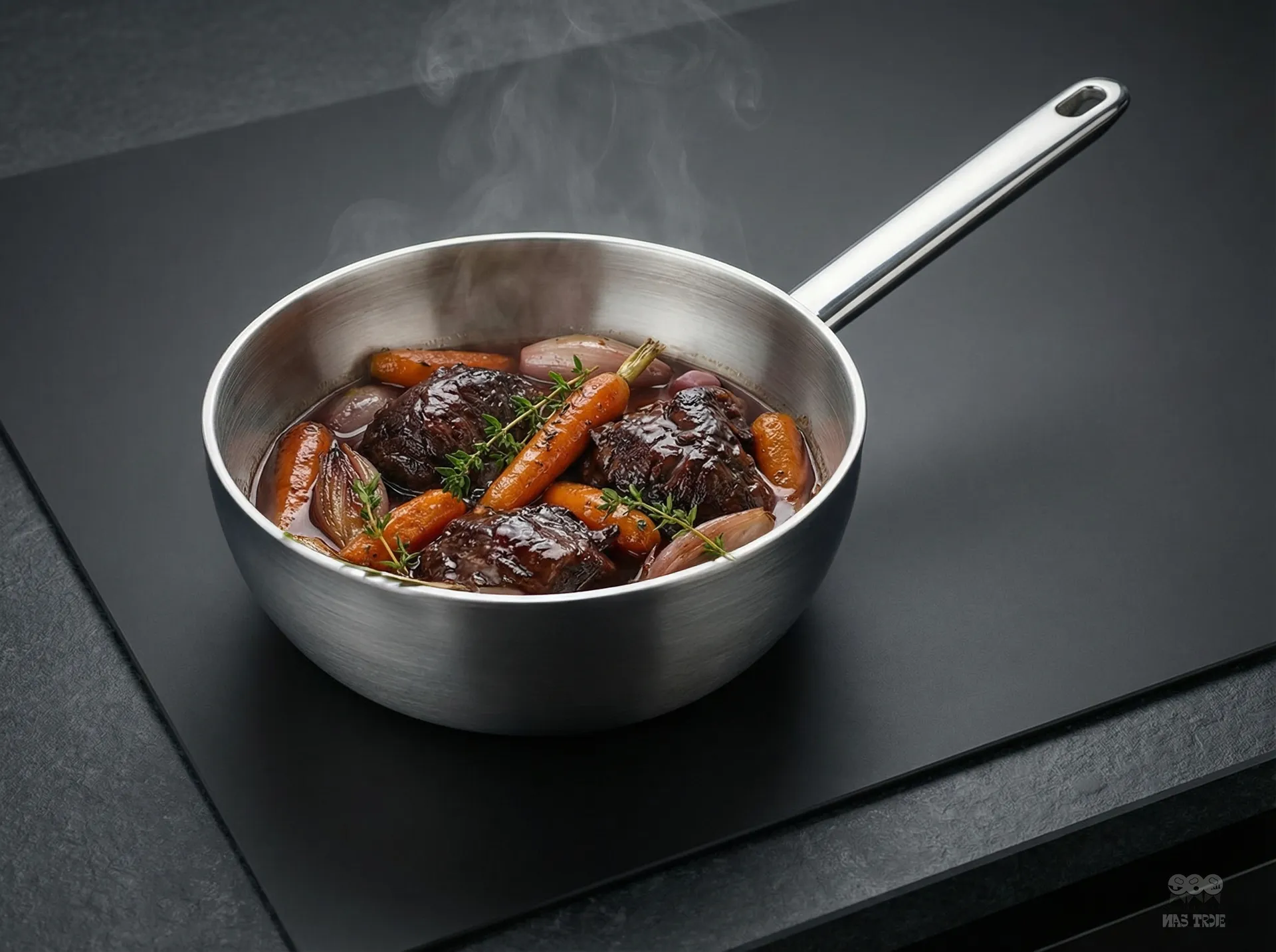 Patelnia sauté Demeyere, stal Silvinox, z aromatycznym daniem Elegancka patelnia sauté Demeyere z potrawą mięsną i warzywami