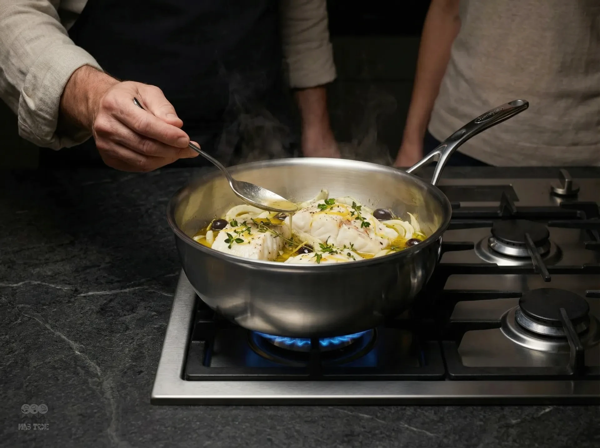 Przygotowanie potrawy na patelni sauté Demeyere z aromatycznymi dodatkami. Gotowanie na stalowej patelni sauté Demeyere z rybą i ziołami na kuchence gazowej.
