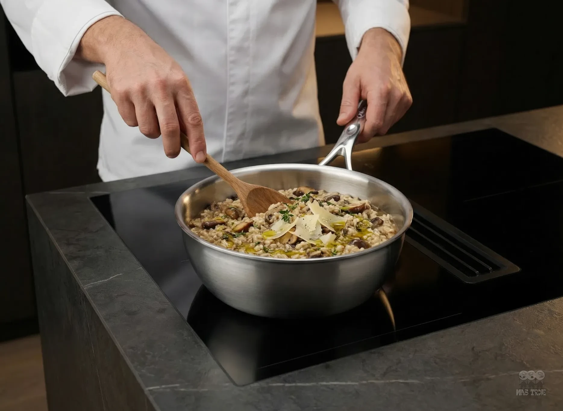 Szef kuchni miesza risotto w stalowej patelni Demeyere na płycie indukcyjnej.