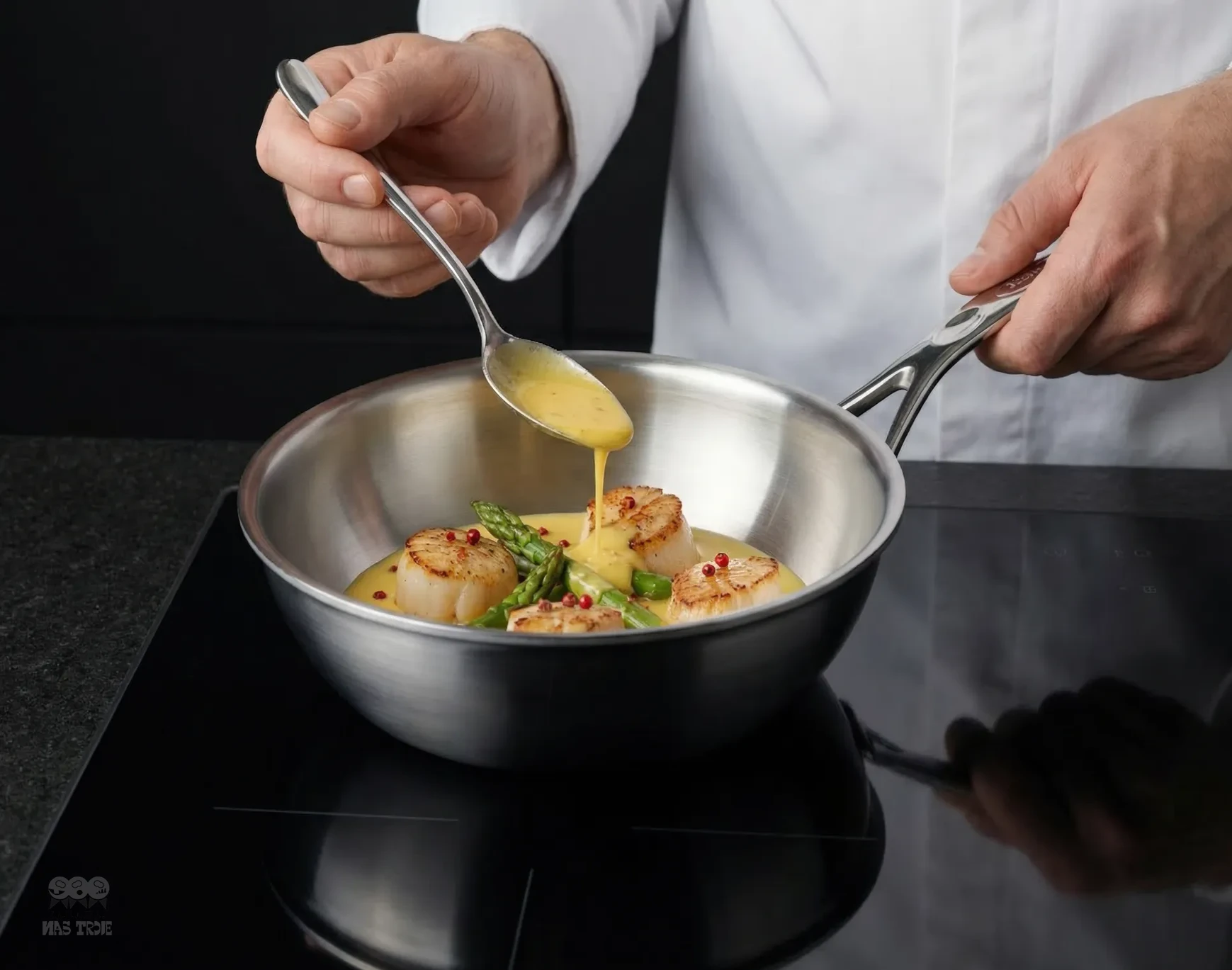 Stalowa patelnia sauté 22 cm z potrawą w trakcie gotowania Patelnia Demeyere Atlantis z sosem i szparagami na kuchence indukcyjnej
