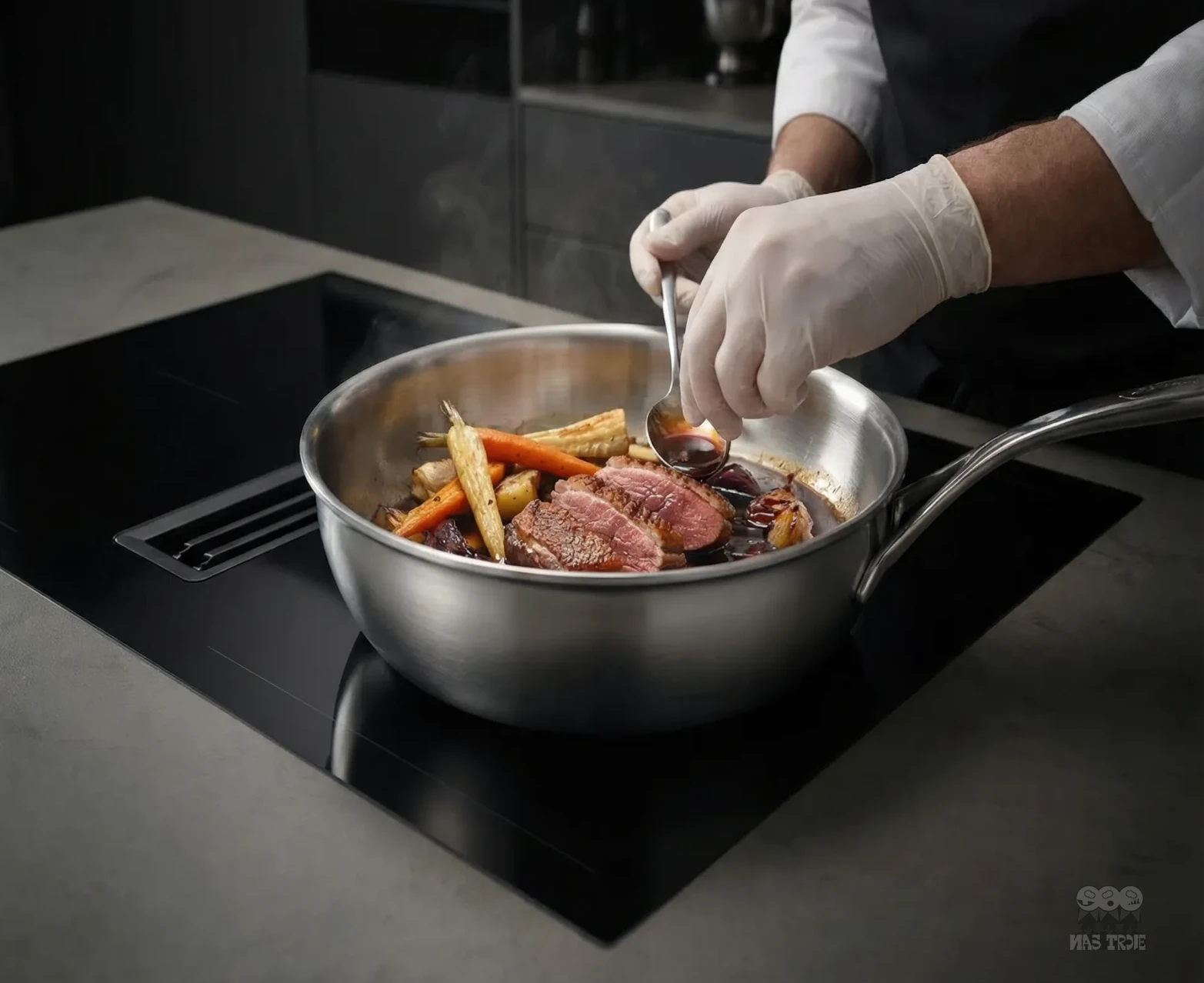 Gotowanie w patelni Demeyere na indukcji z mięsem i warzywami. Stalowa patelnia sauté Demeyere z mięsem i warzywami na płycie indukcyjnej.