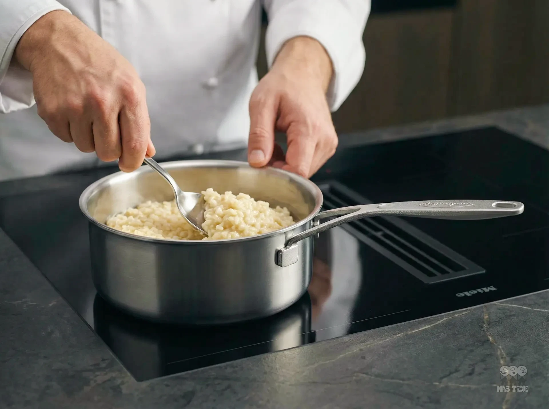 Gotowanie risotto w rondlu Demeyere na kuchence Stalowy rondel Demeyere z risotto na kuchence indukcyjnej