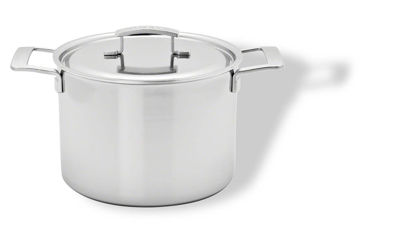 Stalowy garnek 8L Demeyere z technologią 5-Ply, średnica 24 cm, idealny do gotowania.