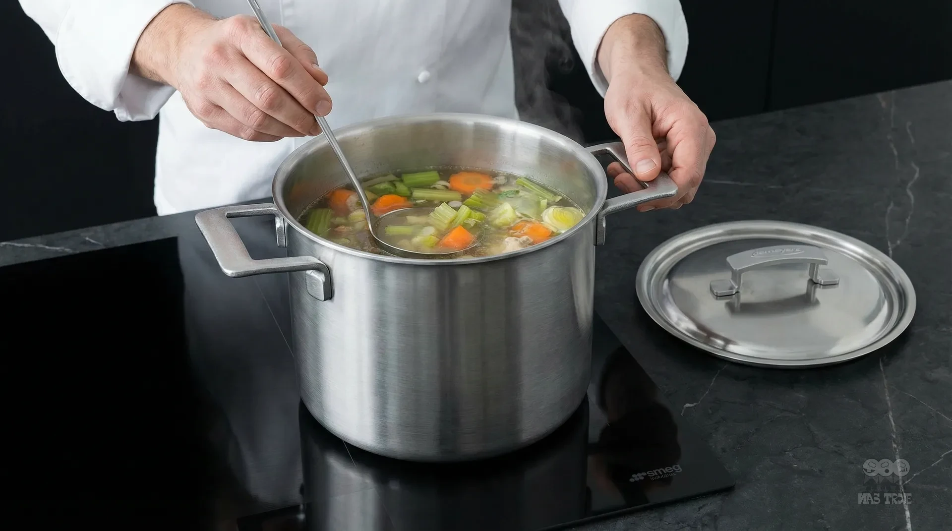 Wysoki garnek Demeyere 24 cm z zupą warzywną na płycie indukcyjnej. Stalowy garnek Demeyere 8 litrów z gotującą się zupą warzywną na kuchence indukcyjnej.