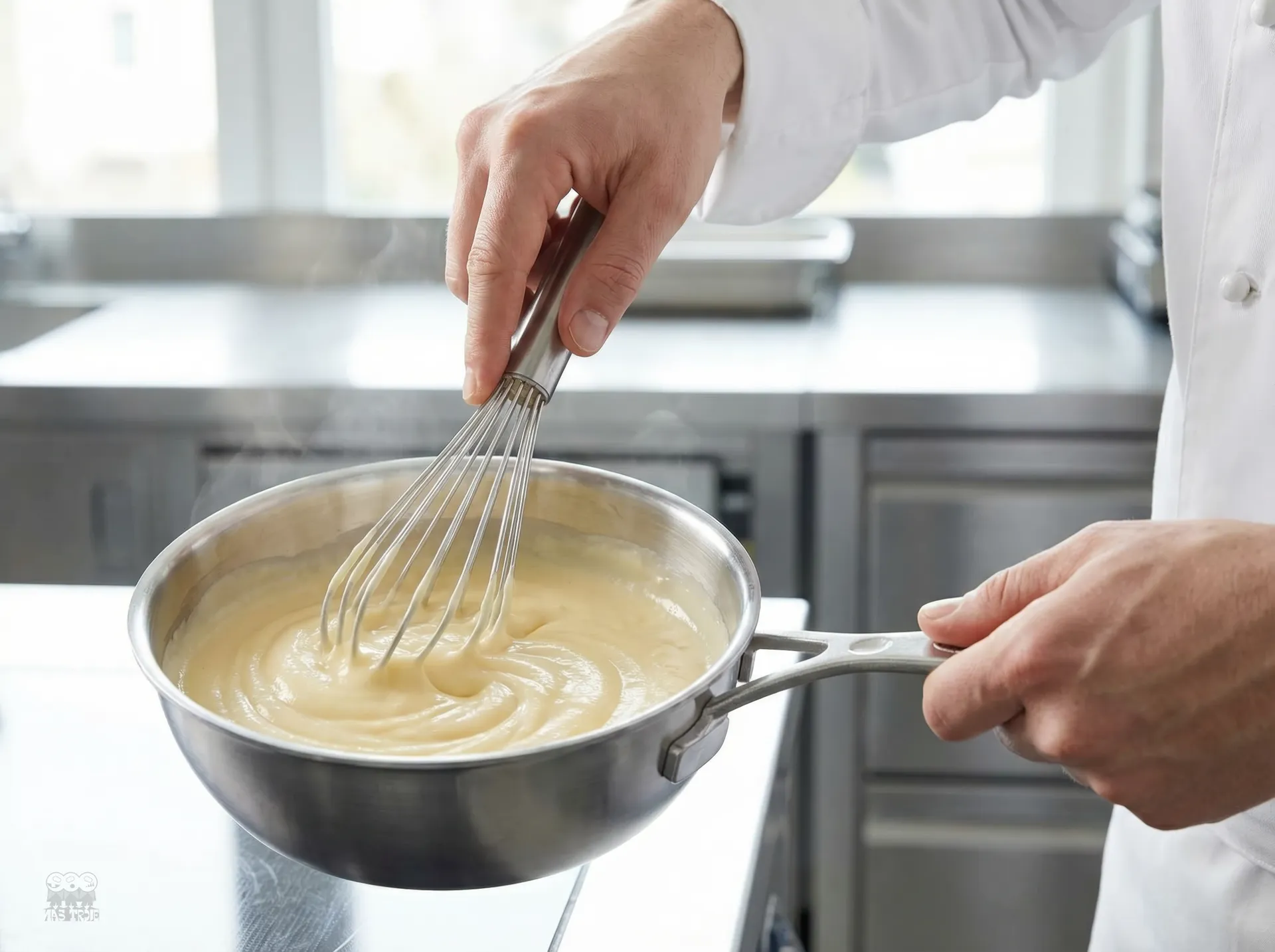 Przygotowywanie sosu w stalowej patelni sauté Demeyere. Gotowanie kremu w stalowej patelni Demeyere w profesjonalnej kuchni.