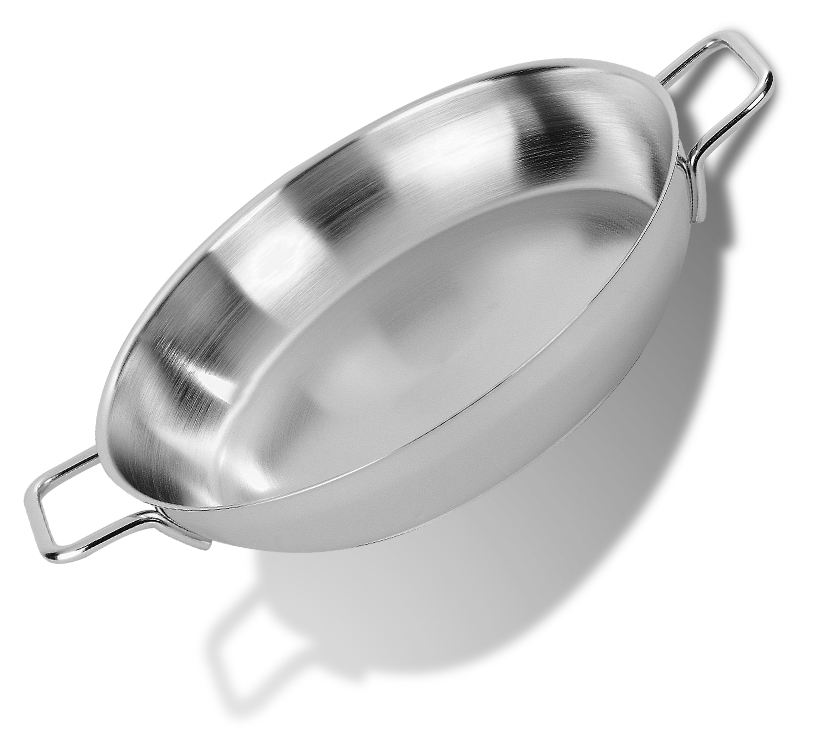 Stalowa, 7-warstwowa patelnia Demeyere Ø 32 cm z uchwytami, elegancka i trwała.