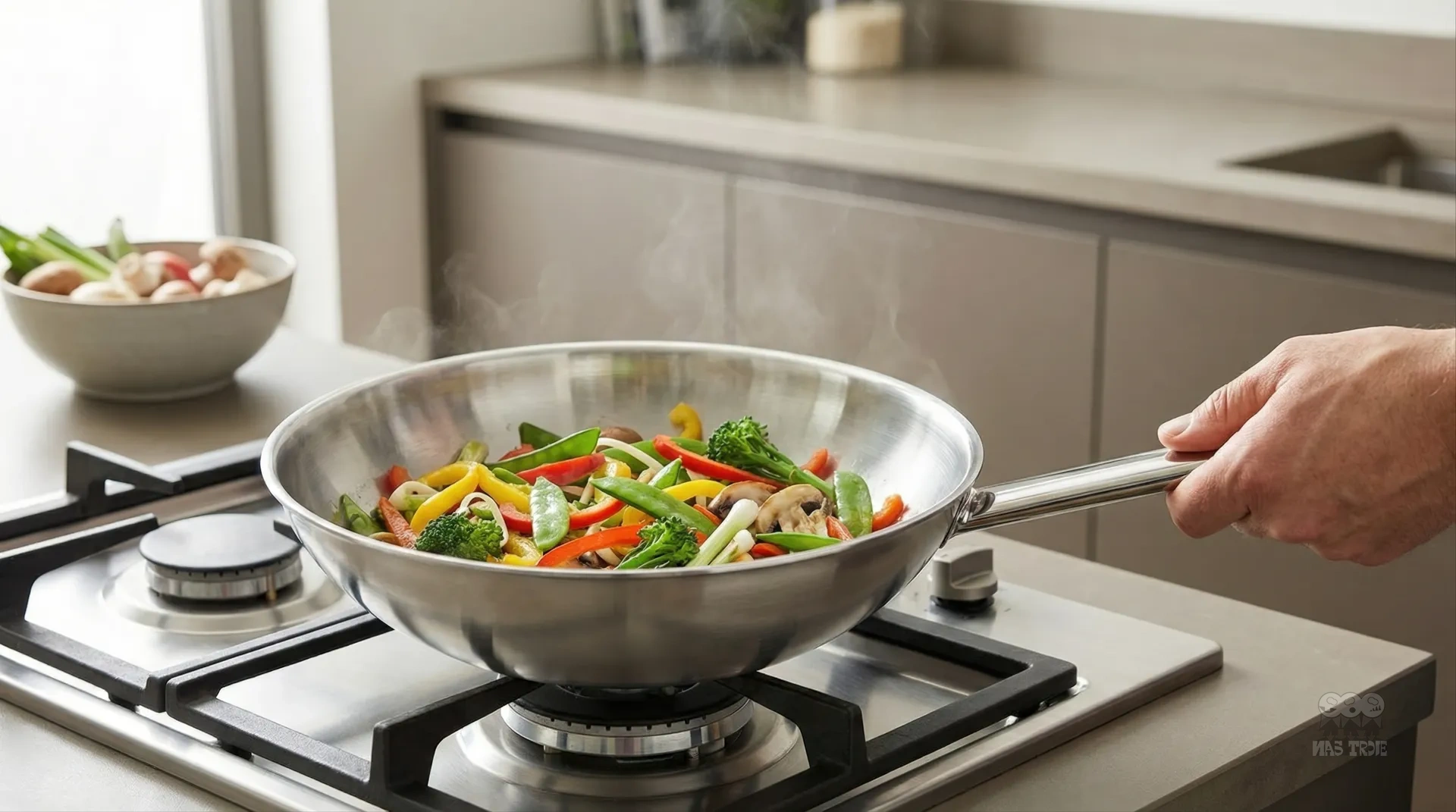 Demeyere wok 30 cm z warzywami, gotowanie na gazie. Stalowy wok 30 cm z kolorowymi warzywami na kuchence gazowej.