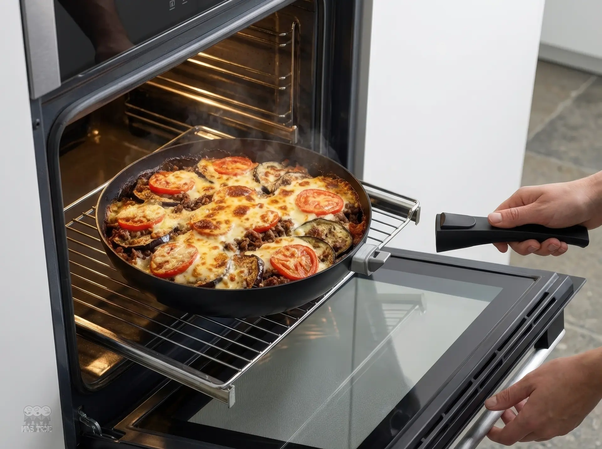 Zapiekanka w głębokiej patelni Scanpan z odpinanym uchwytem, w piekarniku. Tytanowo-ceramiczna patelnia Scanpan z odpinanym uchwytem w piekarniku, pełna zapiekanki.