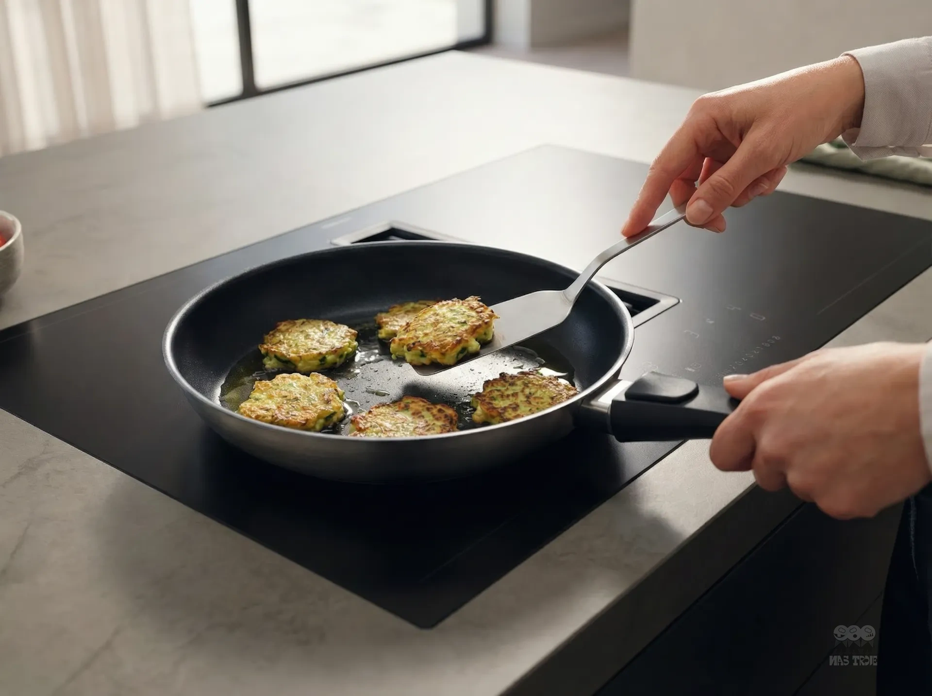 Patelnia Scanpan Ø 28 cm z nieprzywierającą powłoką w akcji Tytanowo-ceramiczna patelnia Scanpan z odpinanym uchwytem na nowoczesnej kuchence