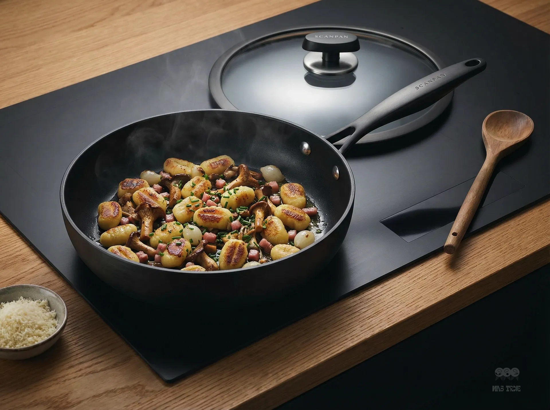Patelnia szefa kuchni Scanpan z pokrywką, przygotowane gnocchi Tytanowo-ceramiczna patelnia Scanpan z pokrywką i daniem gnocchi na kuchence
